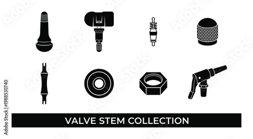 Valve stem collection featuring tpms sensor and tire pressure component icons on transparent vector