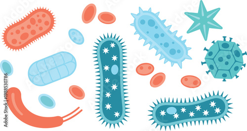 Colorful Flat Style Bacteria and Virus Microorganism Set with Germs, Cells, and Pathogens Biology Science Education Vector Illustration