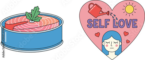 Cartoon Canned Salmon Fish and Self Love Heart Badge with Girl, Watering Can, and Sun Wellness Vector Illustration Set