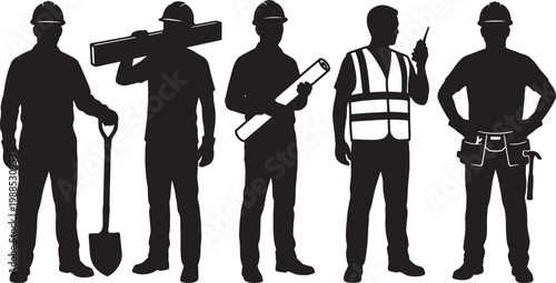 Diverse group of construction workers in silhouette with various tools and equipment isolated on transparent background
