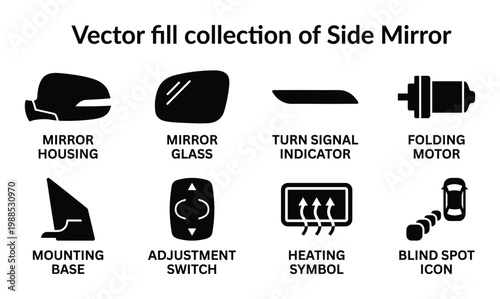 Vector fill collection of side mirror components for automobile repair and maintenance