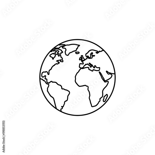 A simple line drawing of the Earth showcasing continents and oceans on a white background