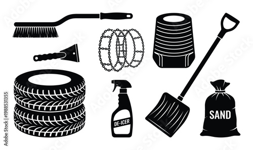 Winter driving emergency kit icons including snow shovel tires deicer and sand bag silhouettes set
