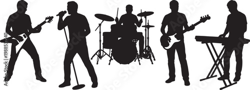 Diverse musical band members performing instruments in silhouette against a white background
