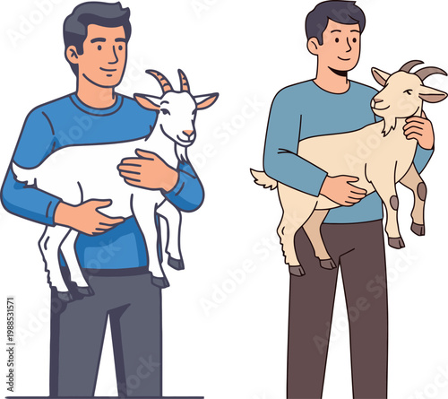Man Holding Goat Farmer With Livestock Animal Husbandry Vector Illustration Set - Shepherd Carrying Baby Goat Kid Farm Agriculture