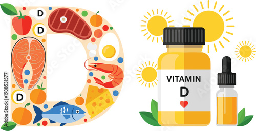 Vitamin D Rich Food Sources Letter D Shape with Salmon, Fish, Shrimp, and Supplement Bottle Sun Health Vector Illustration
