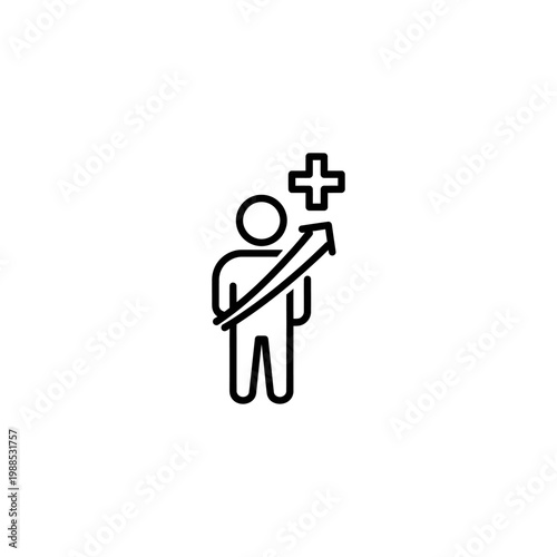 A simple black line drawing of a person with a rising arrow and cross symbolizing health and wellness
