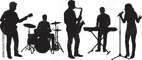 Silhouette of a diverse band performing music with instruments on a white background