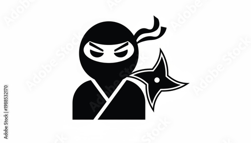 Ninja head icon with angry eyes and rising black flame, minimalist vector logo on white background featuring stealth, assassin, martial arts with