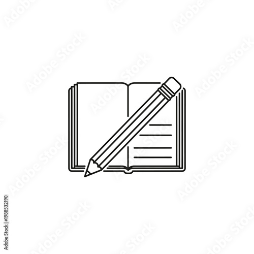 A simple line drawing of a pencil lying on an open notebook