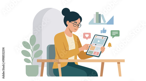 Young Woman Using Tablet At Desk In Modern Workspace.