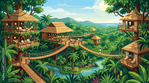 Vibrant vector illustration of an idyllic eco resort nestled in a lush tropical jungle, featuring modern treehouses connected by hanging bridges. Perfect for travel and nature concepts.
