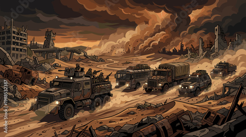 A military convoy with armed soldiers drives through a devastated post-apocalyptic city under a dark, stormy sky. Vector illustration for war, survival, and gaming themes.