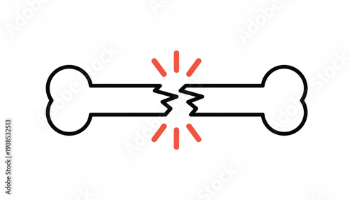 Bone fracture icon with black outline and red impact marks for medical health and injury awareness graphics