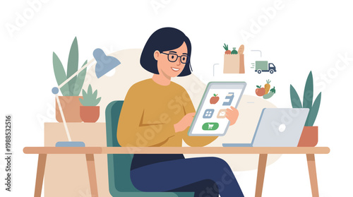 Woman Working On Tablet And Laptop At Desk.