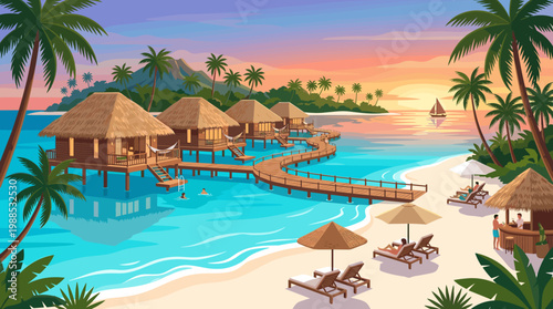 Vector illustration of a luxurious tropical resort with overwater bungalows, serene beach, and vibrant sunset. Ideal for travel, vacation, and relaxation themes.