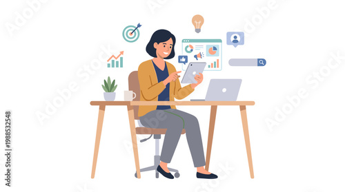 Professional woman working at desk with laptop.