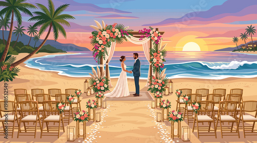 Dreamy beach wedding illustration with a diverse couple and floral arch at sunset. Great for event planning, romantic travel, and invitations.