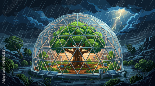 A vibrant tree thrives in a geodesic dome amidst a heavy thunderstorm with lightning. Symbolizes environmental protection, sustainability, resilience, and climate action.