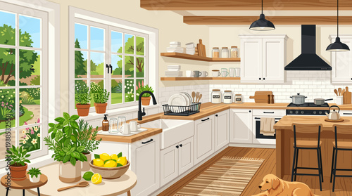 Bright, cozy vector kitchen interior with large window, garden view, fresh herbs, and a golden retriever. Perfect for lifestyle, home, and cooking designs.