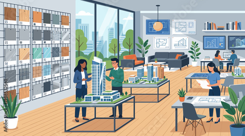 Professionals collaborating in a modern architectural office, reviewing building models, material samples, and blueprints. Ideal for design, engineering, and construction concepts.