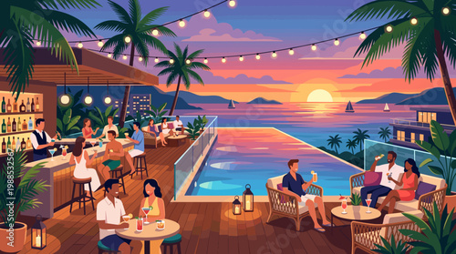 Lively vector scene: diverse people enjoy cocktails at a stylish rooftop bar overlooking a stunning ocean sunset and infinity pool. Ideal for vacation ads.