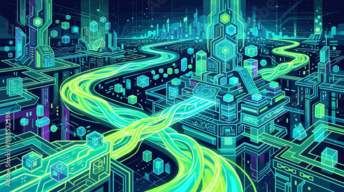 Vibrant vector illustration of a futuristic digital cityscape with glowing data streams, abstract geometric architecture, and interconnected networks. Ideal for tech and innovation themes.