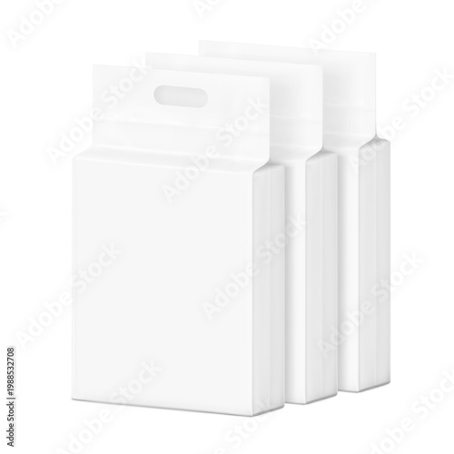 Vacuum bag with handle mockup set for cat litter. Half side view. Vector illustration isolated on white background. Ready for use in presentation, advertising. Scalable without lose quality. EPS10.