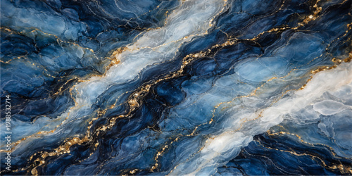 The fresh motion of blue water surface texture ripples across a natural mountain stream flowing over wet stones in a serene landscape