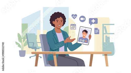 Female doctor conducting telemedicine consultation via video call.