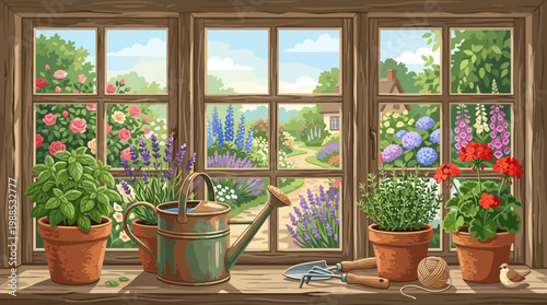 A cozy rustic window view of a vibrant blooming garden, featuring potted herbs, flowers, and gardening tools on the sill. Ideal for home, nature, and lifestyle themes.