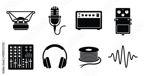 Audio equipment for music production, speaker, microphone, amplifier, effect pedal, mixer