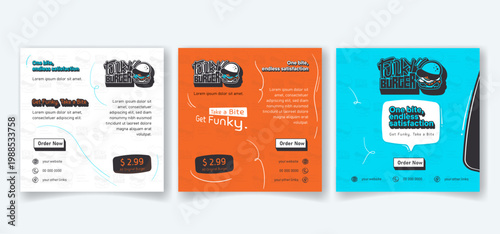 Social media post template for burger food advertisement design in orange white and cyan background