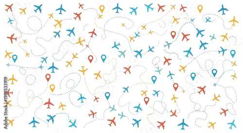 Airplane vector icons on world map background illustration
