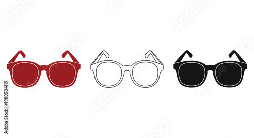 Glasses vector icons in red, white and black colors on white background