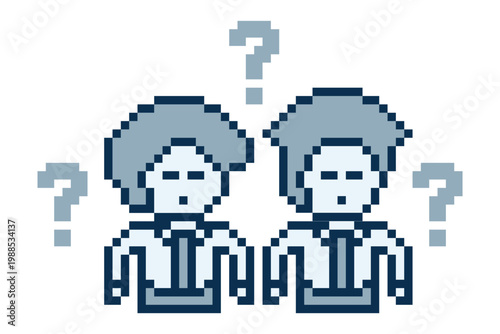 Cute man male with question mark 8 bit confuse question idea with think,choose,cartoon,pixel.