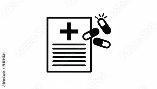 Medical prescription icon with plus sign, capsule symbol and pill bottle on white background featuring healthcare, pharmacy, medicine with drug and