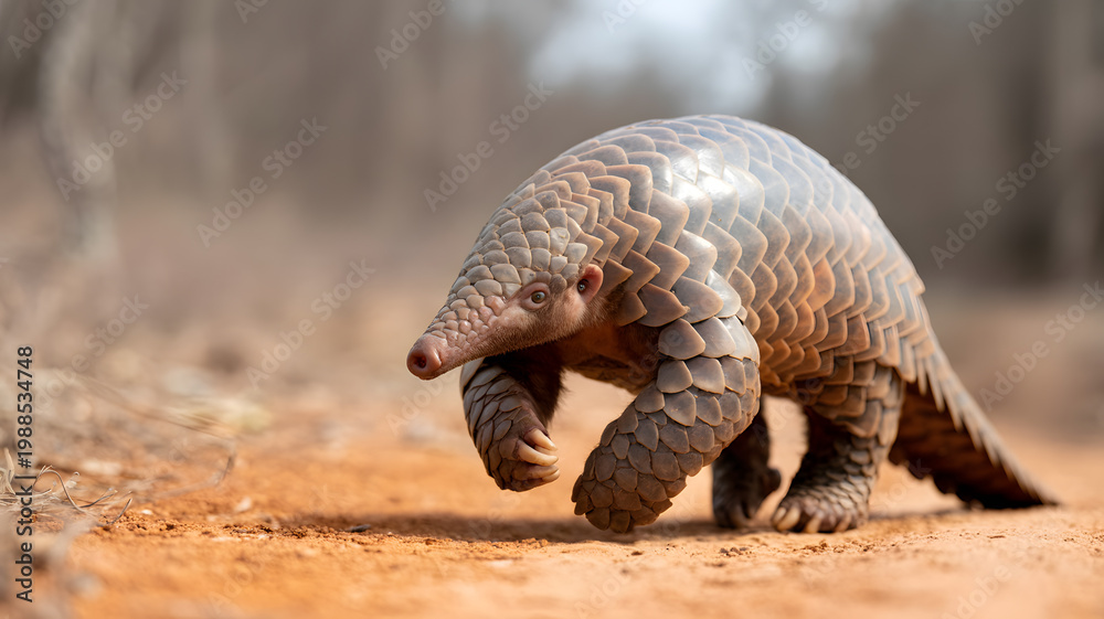 Fototapeta premium A pangolin walking on a dirt path in a natural outdoor setting on transparent background