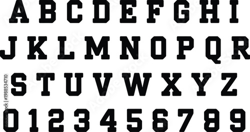 Varsity Font Vector Alphabet Set, Collegiate Bold Athletic Lettering Style for Sports Typography, Team Logos, Apparel Prints, School Emblems, and Retro Graphic Design Projects