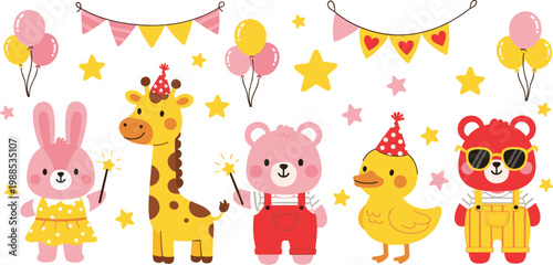 Cute birthday animal party cartoon set with bunny, giraffe, bear and duck, festive kids celebration illustration design