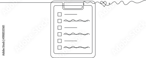 One line drawing of a clipboard with heart and checklist symbolizing healthy lifestyle and wellness