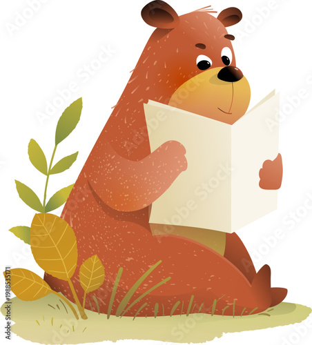 Teddy bear reading a book in a forest nature. Animal character reading or studying a book, cute cartoon for kids school or library. Vector cartoon clipart illustration for children education.