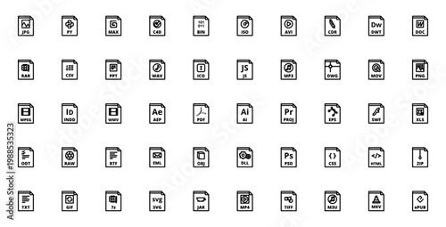 File type icon set. Vector file format symbols collection. Includes JPG, PDF, ZIP, MP4, PSD, AI, DOC, SVG and more. Editable stroke icons.