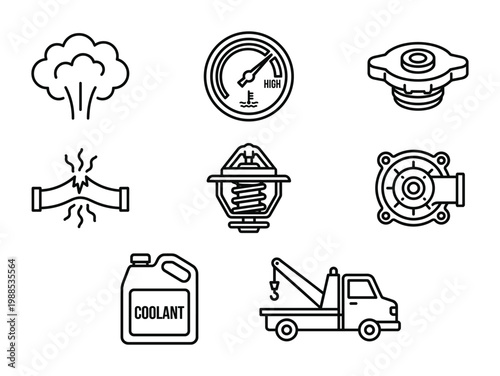 Car engine overheating and cooling system repair outline icons set including thermostat and radiator