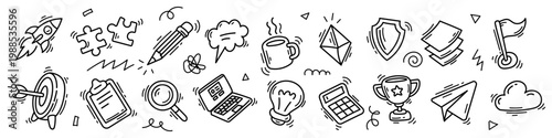 Startup and creative idea line art set, vector icon collection of rocket launch, light bulb, trophy and target. Puzzle, speech bubble and laptop for business growth, success and productivity