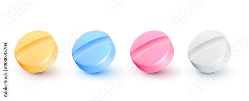 3d round pills set, vector medical tablets with score line in different colors for healthcare, pharmacy and medicine concept