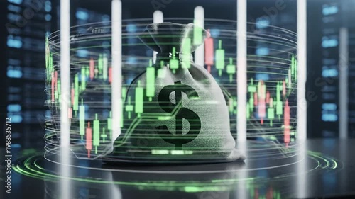 VIDEO analysis shows money bag with dollar sign on stock market graph