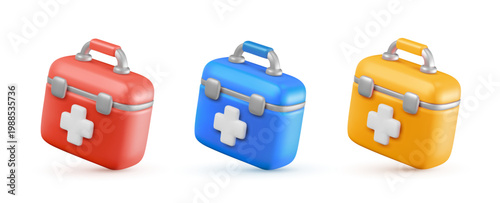 3d medical suitacase set, emergency first aid kits with white cross. Vector container for doctor in different color for healthcare and pharmacy concept