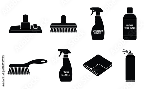 Car interior detailing icon set with upholstery cleaner and leather conditioner on transparent back