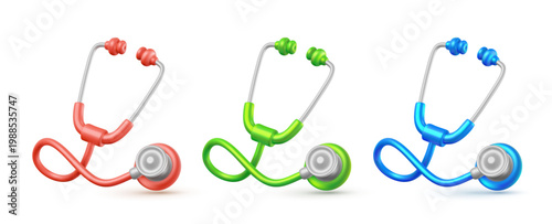 3d medical stethoscope set, vector realistic doctor phonendoscope in different colors. Professional tool for healthcare, clinic and diagnostic concept
